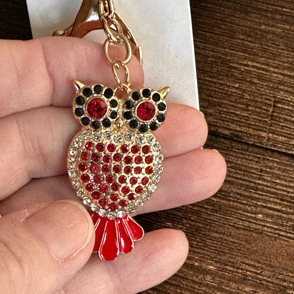 Keychain Red and Gold rhinestone Owl metal